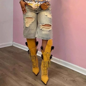 Nuevos shorts vaqueros de mujer de cintura alta, holgados, estilo retro, con agujeros, de pierna ancha y corte recto, a la moda. - Product Image 5