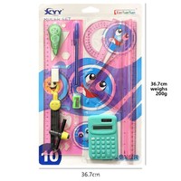 Lot de 11 outils de papeterie en plastique pour la rentrée scolaire : compas, règle, gomme, calculatrice, taille-crayon, outils de dessin technique - Vente en gros