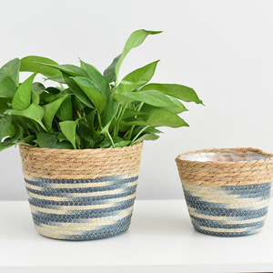 Rattan Woven Flower Pots Round Tibetan Blue Gray Handmade Storage <b>Baskets</b> For Home Decoration - Product Image 2