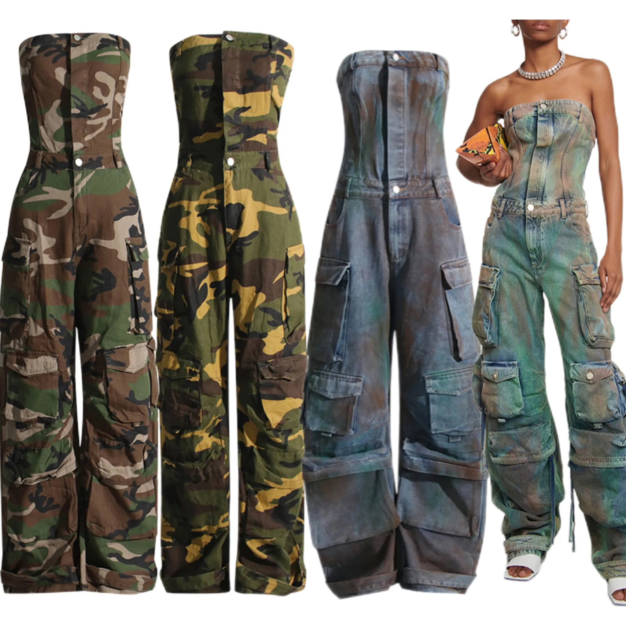 Camouflage Dames Jumpsuit 2024 Plus Tube Jeans Elegante Multi Pocket Casual Denim Een Stuk Baggy Cargo Jumpsuit Vrouwen