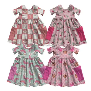 Новое поступление, летнее платье для маленьких девочек с цветочным принтом, с коротким рукавом, длиной до колена, детское Повседневное платье принцессы с карманами