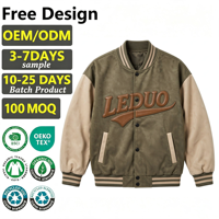 Blouson universitaire personnalisé pour homme en daim vert olive, style color block, à boutons-pression, à rayures côtelées, vintage, type baseball, vente en gros