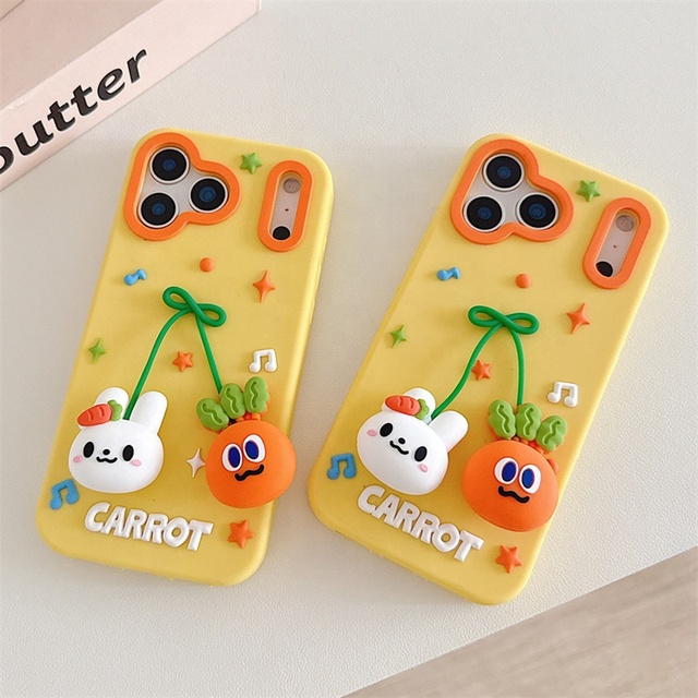 For 17 16 15 14 Pro Max Cute Pendant Chain Rubber Smile Music Soft Cover 3D Cartoon Carrot Rabbit Silicone Phone Case