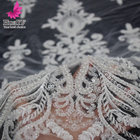 Dentelle française brodée de haute qualité HY3078 avec des paillettes, des perles et des cristaux pour robe de mariée