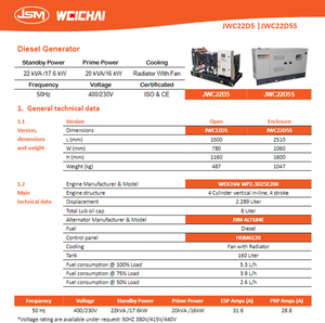 Open Type Backup <b>Generator</b> 20kva 16kw 3 Phase 400/230V 50Hz for Farms Community Camping ISO CE Certificate WP2.3D25E200 Compact - Product Image 2
