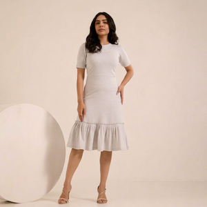 Crew Neck Knitted Midi <b>Dress</b> With <b>Ruffle</b> Hem Fitted Casual Solid Color Short Sleeve Daily Wear - Product Image 1