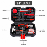 Ensemble d'outils ergonomiques 9 pièces avec poignée caoutchoutée, marteau, pinces, ruban à mesurer, couteau à découper, testeur de tension, tournevis, étui de transport, kit de bricolage