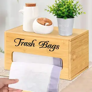 American Style Farmhouse Plastic Bag Roll Holder Wall Mounted Countertop Bamboo Trash Garbage Bag Holder for Cabinet Kitchen