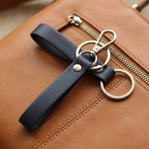 Pu <b>Leather</b> Rectangle <b>Keychain</b> with Carabiner and Metal Ring Fashionable Black Strap - Product Image 2