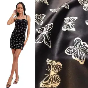 New spring fashion bodycon dress shinny glitter butterfly digital print silk satin fabric for girls dresses