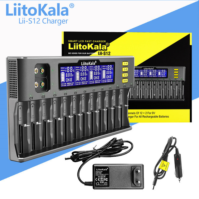 LiitoKala Lii-S12 12-Slot LCD Battery Charger for Li-ion LiFePO4 Ni-MH Ni-Cd 9V 21700 20700 26650 18650 16340 18350 RCR123 18700