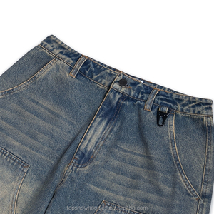 تصنيع المعدات الأصلية مخصص الصانع غسلها نجار الساق واسعة عالية الخصر مزدوجة الركبة السراويل الجينز الفضفاضة للرجال - Product Image 3