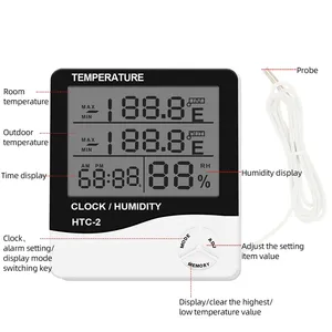 Htc2 medidor de temperatura e umidade lcd, medidor com relógio, multifuncional, termômetro digital, higrômetro