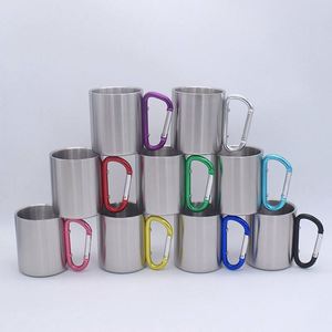 Wholesale 220ml 300ml Outdoor Camping <b>Coffee</b> Travel Mug Double Wall Promotional Gift Custom Stainless Steel Carabiner Handle Cup - Product Image 6