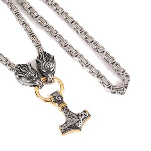 Collar con colgante de acero inoxidable con martillo de Thor de mitología vikinga nórdica Retro, cadena de emperador de plata, cabeza de Lobo para hombres - Product Image 2