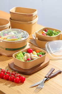 Bols et assiettes en papier kraft jetables Jianwei, de qualité alimentaire, étanches, anti-graisse, rectangulaires/carrés, avec couvercle, personnalisables, pour salades - Product Image 3