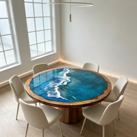 Table de salle à manger ronde en résine époxy motif vague océanique, table d'art faite à la main pour la maison, la villa, la salle à manger