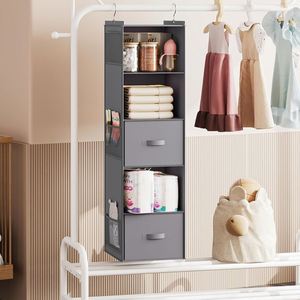 Foldable 5 Tier Hanging Closet <b>Shelf</b> Non-Woven Fabric Closet Organizer with Drawer &2 Strong <b>Hooks</b> Space Saving Wardrobe Storage - Product Image 1