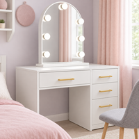 Bureau de maquillage en MDF blanc avec miroir lumineux arqué, 4 tiroirs et poignées dorées, couleurs personnalisables