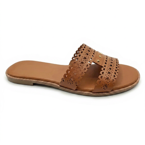 Women's Genuine Leather Flat Sandals Open Toe Slip-On Breathable Light Weight Anti-Slippery Summer Style with Stone Decoration - Product Image 1