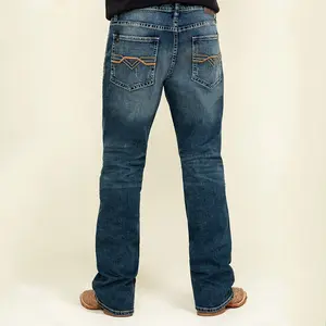 Hoge Kwaliteit Herfst Heren Denim Broek Medium Wash Heren Stretch Slanke Bootcut Jeans Met Borduurwerk