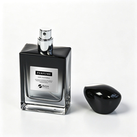 Flacon de parfum carré en verre de 50 ml avec pulvérisateur à brume fine, couvercle personnalisé, impression sérigraphique, emballage cosmétique avec boîte