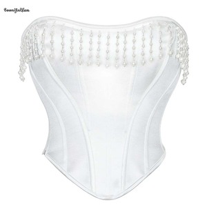 Tessuto satinato sovrastato corsetto da donna Crop <span class=keywords><strong>Top</strong></span> <span class=keywords><strong>bianco</strong></span> perla con perline da sposa con corsetto bustino con cerniera - Product Image 2