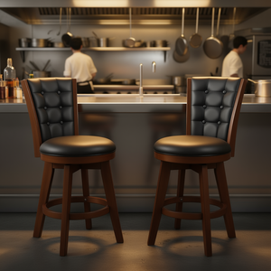 Juego de 2 taburetes giratorios de altura de mostrador, con botones capitoné, madera maciza de castaño, asiento y respaldo tapizados, muebles de comedor - Product Image 2