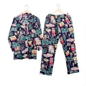 Ensemble de pyjama en coton à manches longues pour femmes, imprimé motif tropical, vêtements de nuit décontractés d'été, col rabattu long - Product Image 1