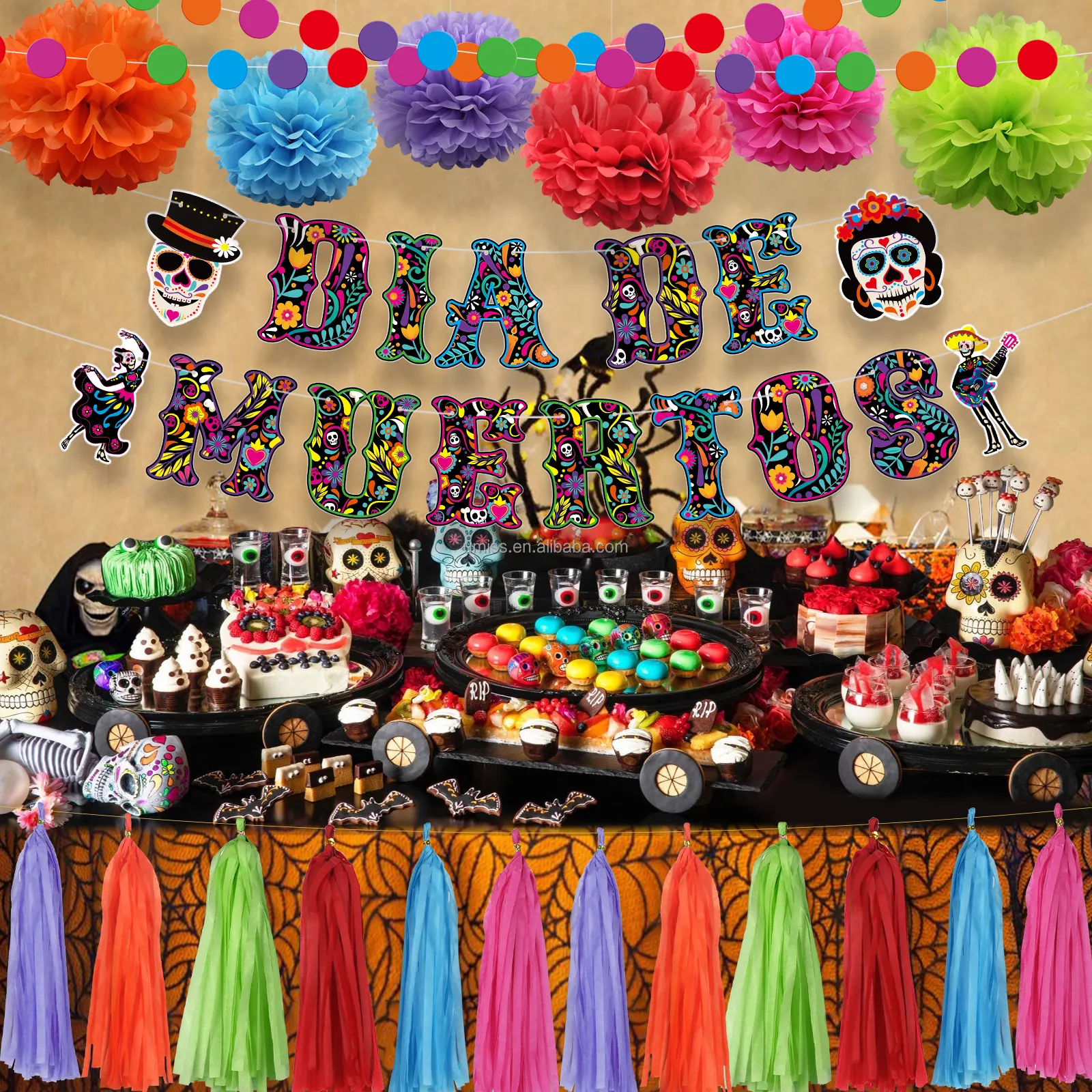 Umiss DIA DE MUERTOS Party Decorations paper pompom with banners and garland for Day of the Dead