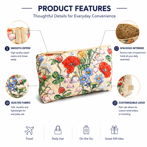 Bolsa de <span class=keywords><strong>Maquillaje</strong></span> Acolchada Floral Personalizada, Bolsa de Cosméticos de Viaje para Mujer, Organizador de Artículos de Aseo con Estampado - Product Image 3