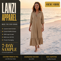 Robe longue décontractée d'été personnalisée pour femme, col chemise, ourlet à volants, manches classiques, poches plaquées, coupe ample, vente en gros, usine OEM ODM