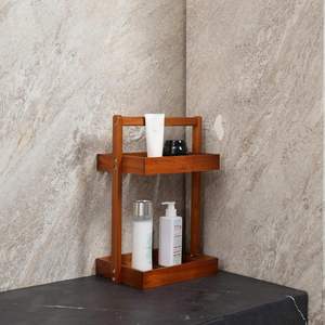 Étagère de douche double moderne en teck, support de douche, organisateur de douche pour coin de salle de bain, étagères autoportantes en bois, rangement - Product Image 4