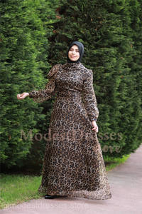 Abbigliamento etnico islamico preghiera elegante soffio maniche lunghe stampa leopardo Organza Chiffon abito Abaya musulmano Dubai <span class=keywords><strong>turchia</strong></span> Ramadan - Product Image 2