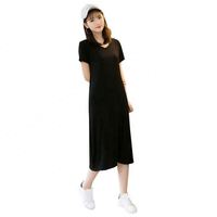 Mùa Hè Size Lớn Tay Ngắn Sọc Nữ 2021 Mới Cổ Chữ V Chạm Đáy Nhỏ Màu Đen Váy Mùa Hè Thon Gọn Modal
