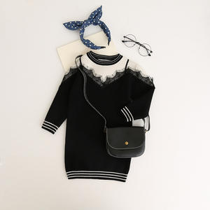 Nouveau pull pour fille, style coréen, couleur noire, longueur genou, avec dentelle - Product Image 2