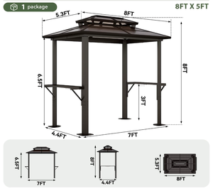 Gazebo de jardin 8 x 5 pieds, gazebo de barbecue en aluminium avec toit en polycarbonate, auvent rigide pour barbecue avec étagères pour pelouse, patio, jardin - Product Image 6