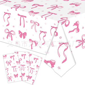Bow <b>Pattern</b> Disposable Tablecloth Pink For Birthday Party Decoration Kids Girl Event Plastic <b>Paper</b> Cover - Product Image 2