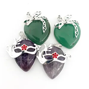 Fashion Natural Stone Heart Pendant Jewelry with Metal Hanger Antique Model Amethyst Jade for DIY Making Necklace