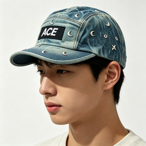Casquette de camping unisexe 5 panneaux en denim délavé vintage avec rivets métalliques et patch ACE, option logo personnalisé, style Y2K, streetwear, chapeau d'extérieur - Product Image 1