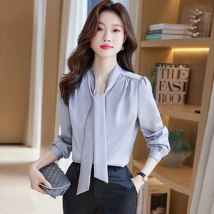 Women's Chiffon Blouse Long Sleeve Solid Color <b>Wrap</b> Tie Office Shirt <b>White</b> Champagne Black Gray Polyester Fabric - Product Image 4