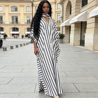 Robe longue d'été 2026 rayée à col en V et manches courtes, coupe droite, style doux, ample, en polyester