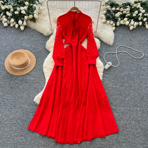 Elegante pajarita vestido de encaje Mujer cuello redondo manga larga plisado cintura falda completa vestido <span class=keywords><strong>para</strong></span> <span class=keywords><strong>eventos</strong></span> formales moda mujer <span class=keywords><strong>ropa</strong></span> - Product Image 1