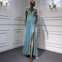 2022 nouvelles robes de soirée sirène perles faites à la main avec plumes Sexy fendu longues robes de soirée pour les femmes fête