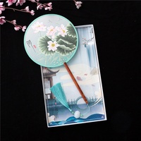 Éventail pliant en bambou translucide, style ancien de la dynastie Han chinoise, technique de peinture par estampage à chaud, avec longue poignée et pompon, pour la danse DIY