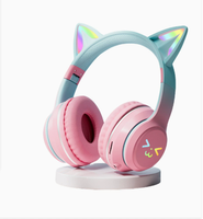 Headphone telinga kucing kartun warna-warni gradasi, headphone gaming latensi rendah tahan air IPX-6 dengan lampu LED