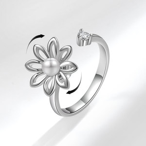 Vintage Rotating Floral <b>Adjustable</b> <b>Ring</b> Shell Pearl Zircon Copper Rhodium Plated Anxiety <b>Ring</b> Fidget Jewelry For Women - Product Image 2