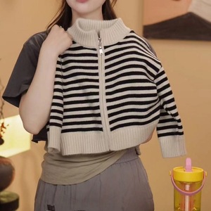 Women's Striped Zipper Cardigan Short Sleeve Knit Sweater Contrast Color Casual Wear - Product Image 1
