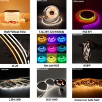 Vente en gros d'usine, bande LED COB blanche RGBIC 5V 12V 24V 220V 3mm 5mm 8mm 10mm 12mm Rgb RGBW CCT CE RoHs, éclairage décoratif
