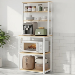 Étagère de rangement pour cuisine et garde-manger, support de rangement pour comptoir de bar <span class=keywords><strong>à</strong></span> <span class=keywords><strong>café</strong></span>, étagère pour four <span class=keywords><strong>à</strong></span> micro-ondes avec 6 crochets, en acier allié et bois d'ingénierie - Product Image 1